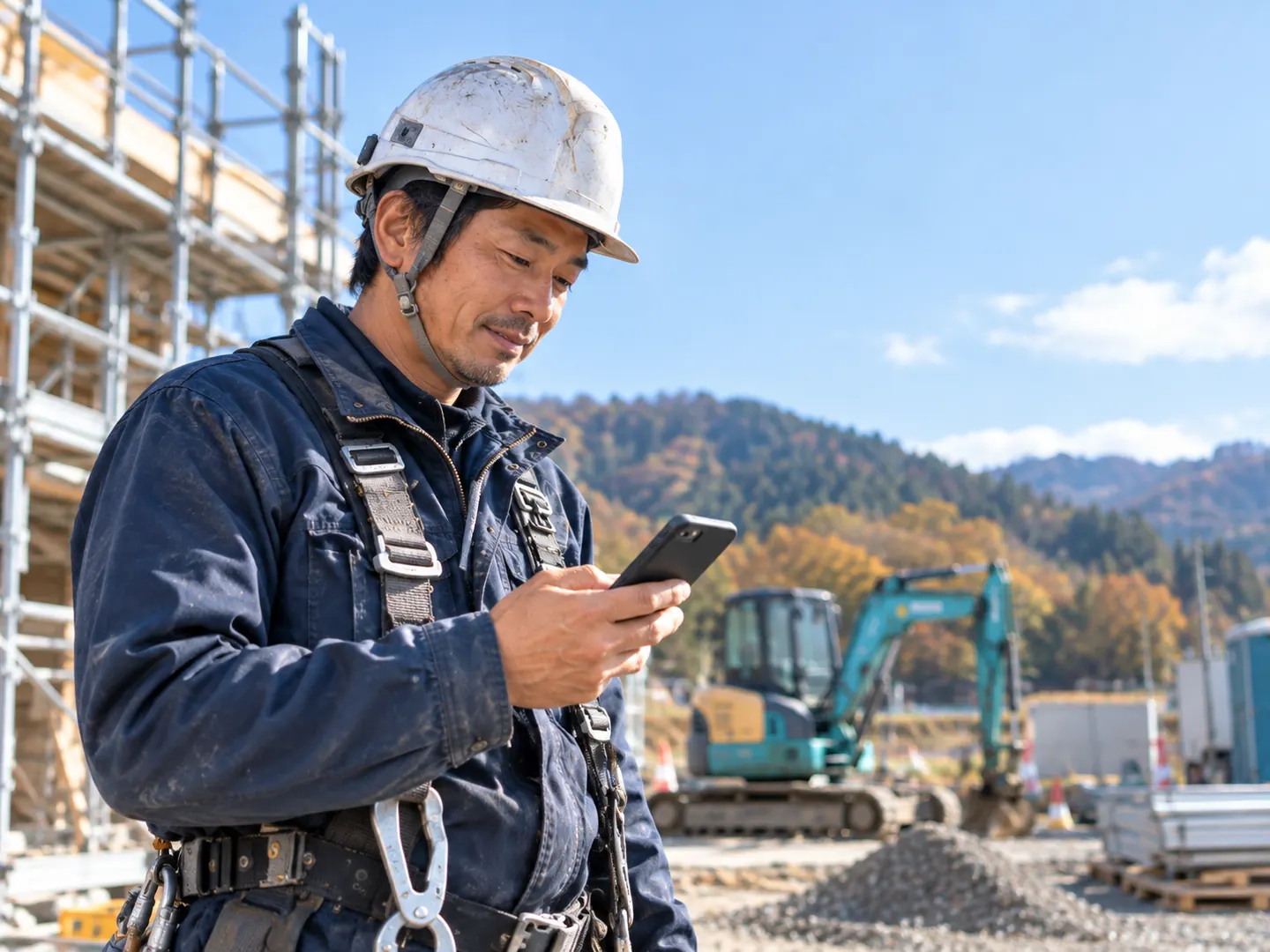 朝の建設現場で、作業員がスマホで打刻している