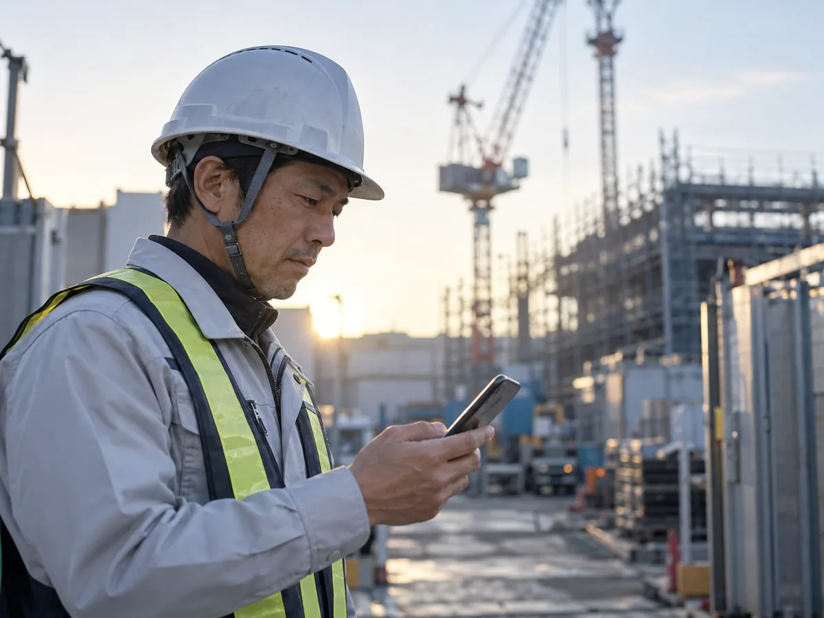 建設現場でスマホを見る作業員